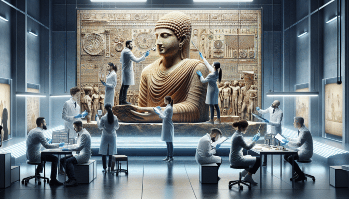 Experts analyzing an ancient artifact with modern tools in a studio for optimal restoration outcomes.