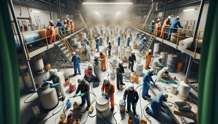An adequately ventilated workspace with workers utilizing safety gear and tools on a clear floor with secured equipment.
