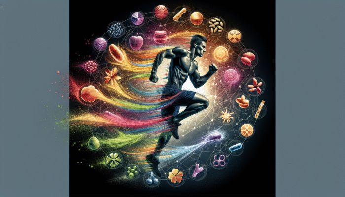 Essential nutrients swirling around an athlete in motion, representing the benefits of athletic multivitamins.