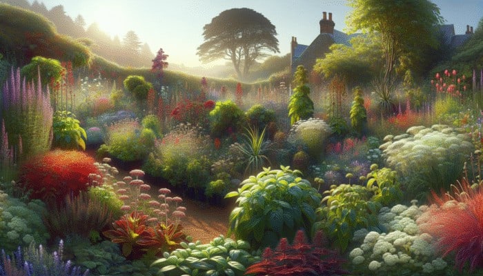 A thriving UK herb garden displaying herbs flourishing or wilting under varying sunlight levels.