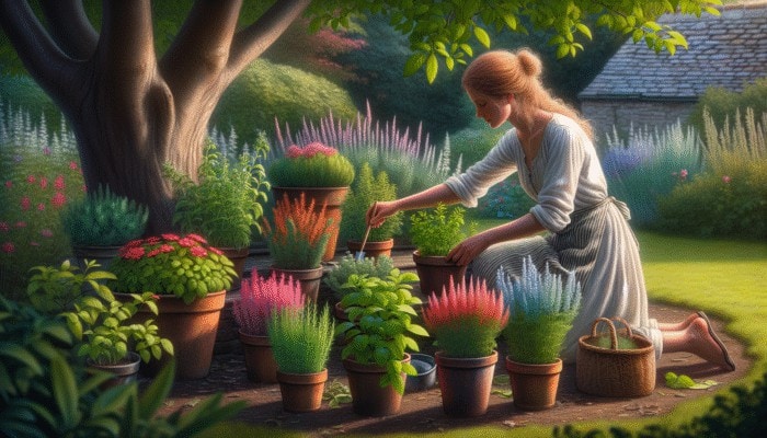 A gardener adjusting herb locations seasonally in the UK for optimal health and growth.
