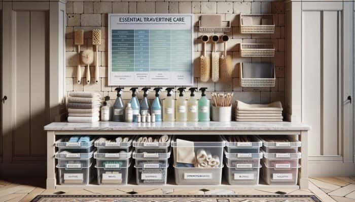 Organized cleaning station in a UK home showcasing travertine care essentials such as cleaners, brushes, and cloths on a travertine floor.
