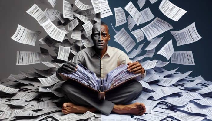 Understanding Debt Consolidation: A Beginner's Guide | DCL Understanding Debt Consolidation: A visual representation of a person consolidating multiple bills into one folder, symbolizing financial relief and clarity.