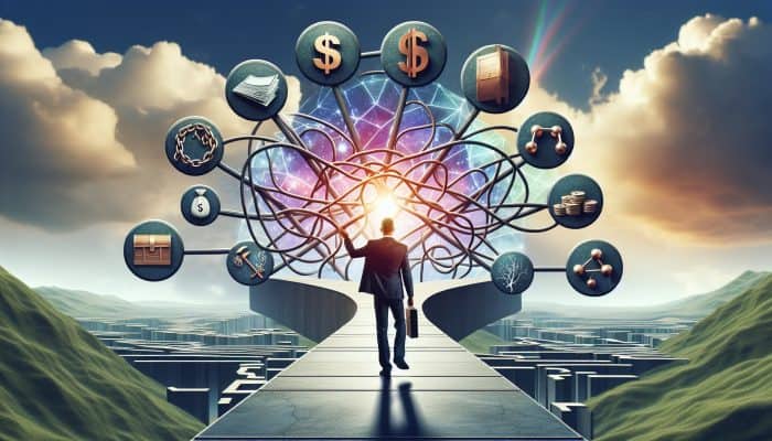 Key Terminology to Understand in Debt Consolidation: A Beginner's Guide | DCL A person confidently navigating a clear path through a complex financial landscape with labeled signposts under a bright sky.