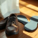 Brown leather shoes with black soles are placed on a sunlit wooden floor. Next to the shoes is a pair of blue insoles, positioned outside the shoes. A white curtain is partially visible in the background.
