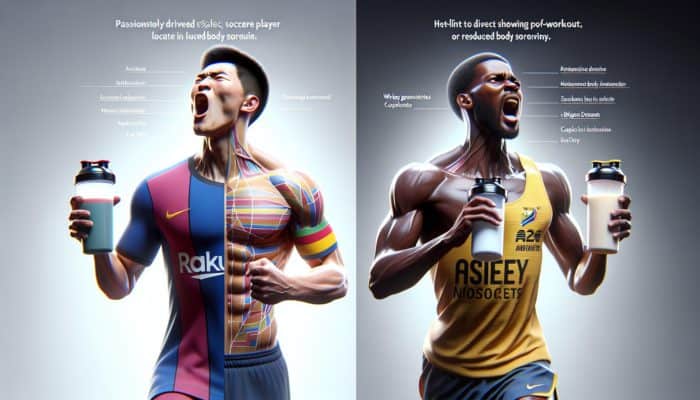 Athletes drinking whey protein isolate shakes, showcasing rapid muscle recovery and reduced soreness.