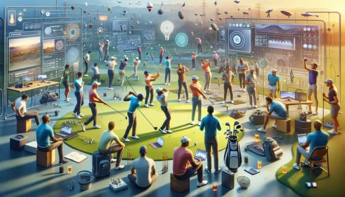 South African golfers using laptops and smartphones while engaging in community forums with local expert support for swing analysis.