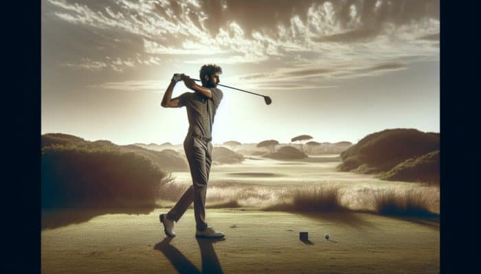Golfer swinging on a South African course during mid-morning with optimal lighting and a clear background.