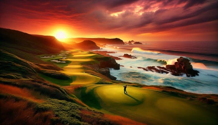 Golfer teeing off at sunset on a South African coastal course with ocean views and vibrant sky.