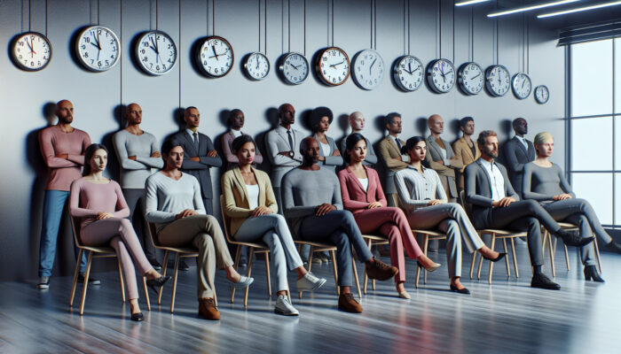 Diverse group of individuals waiting in an office with permit applications and clocks indicating different times.