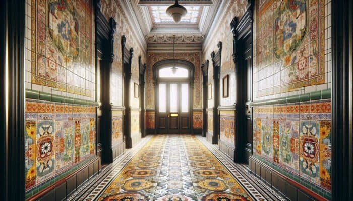Victorian hallway showcasing vibrant, intricate encaustic tile patterns, exemplifying 19th-century British craftsmanship.