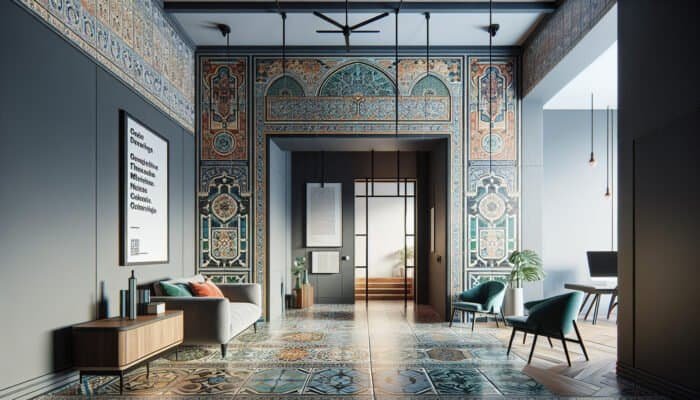 A modern living room showcasing a Victorian tiled hallway, seamlessly blending historical and contemporary design elements.