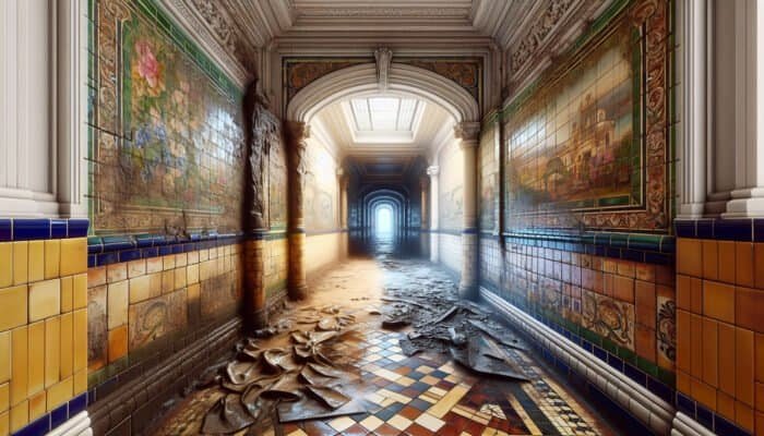 Victorian tiled hallway restoration, deep cleaning process with specialized solutions, revealing original colors and patterns.