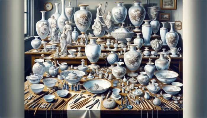 Skilled artisans in East Calder diligently repairing porcelain items like vases and figurines.