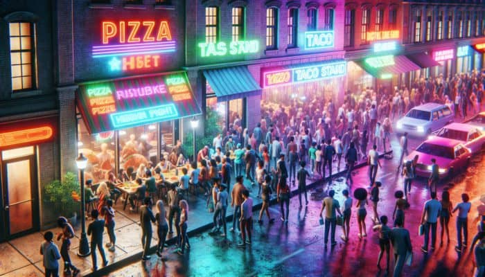 Neon-lit Las Vegas street at night, bustling with club-goers enjoying late-night food at Secret Pizza and Tacos El Gordo.