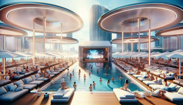 A luxurious pool party featuring stylish cabanas, lounge chairs, TVs, and bottle service amidst a vibrant, exclusive atmosphere.