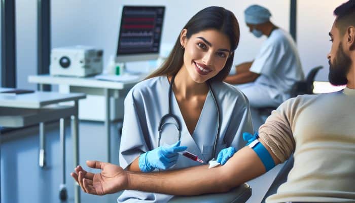 Healthcare professional in Dundee performing a blood draw from a patient in a medical setting.