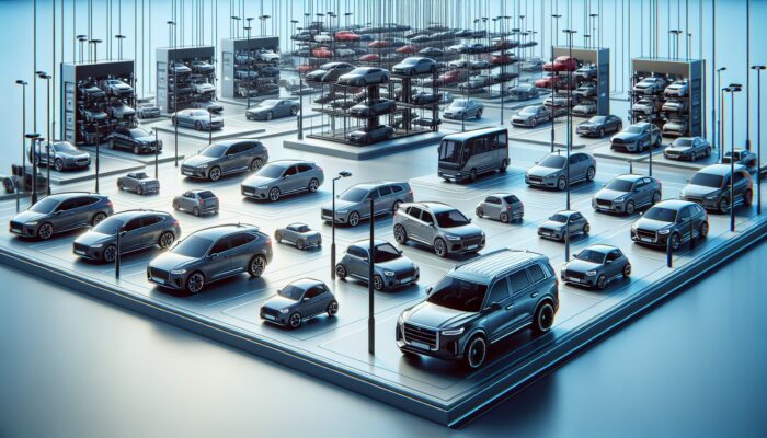 A diverse fleet of vehicles including compact cars, luxury sedans, and SUVs displayed in a rental lot.