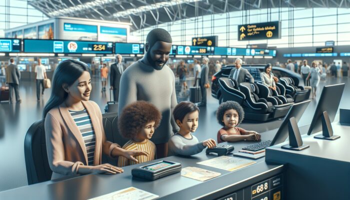 Family at car rental desk selecting GPS and child seat, with a busy airport background.