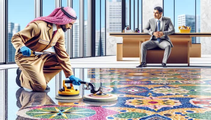 A skilled technician polishing a vibrant terrazzo floor, enhancing its colorful patterns and smooth texture.