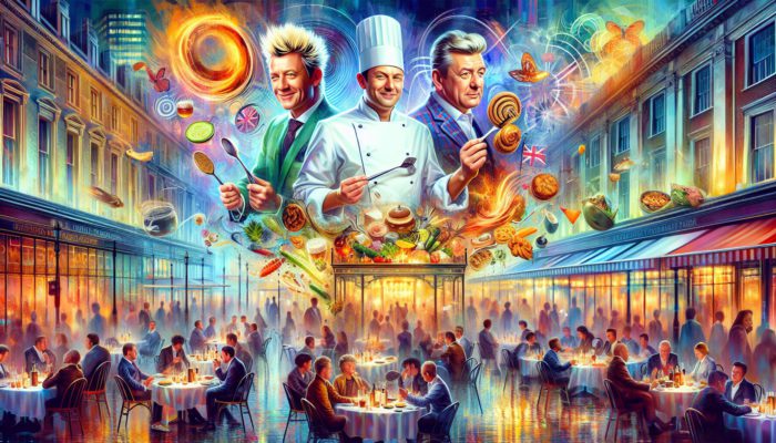 Famous chefs Gordon Ramsay, Wolfgang Puck, and Guy Fieri showcasing their culinary talents in the lively Las Vegas dining scene.