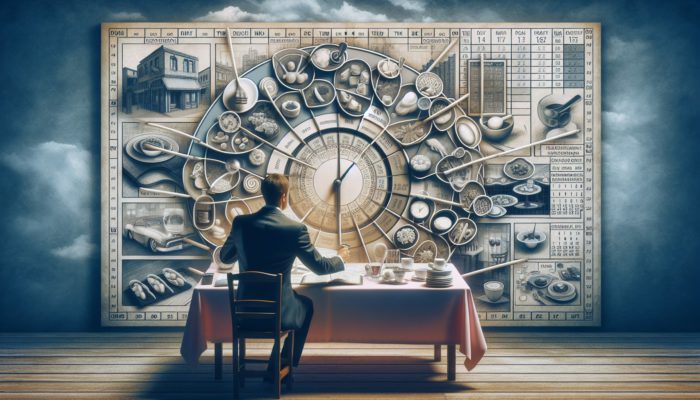 Individual utilizing a calendar and clock to strategically plan restaurant reservations amidst various dining environments.