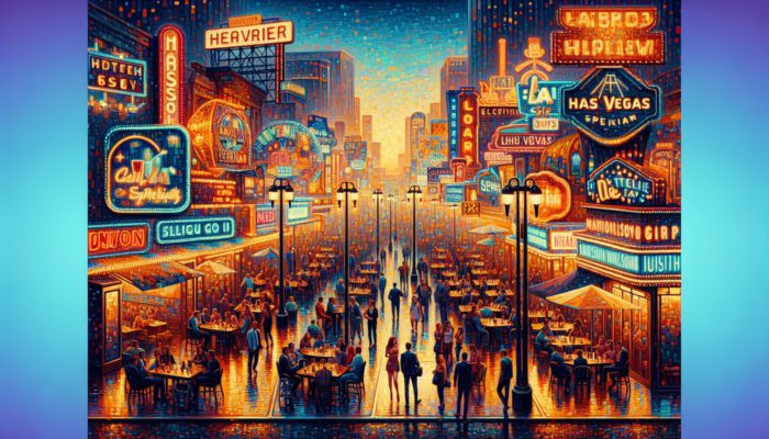 Las Vegas Strip at dusk, showcasing neon signs advertising off-peak dining specials at celebrity chef restaurants.