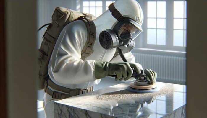 Person in protective gear polishing limestone with powder in a well-ventilated room for a glossy finish.