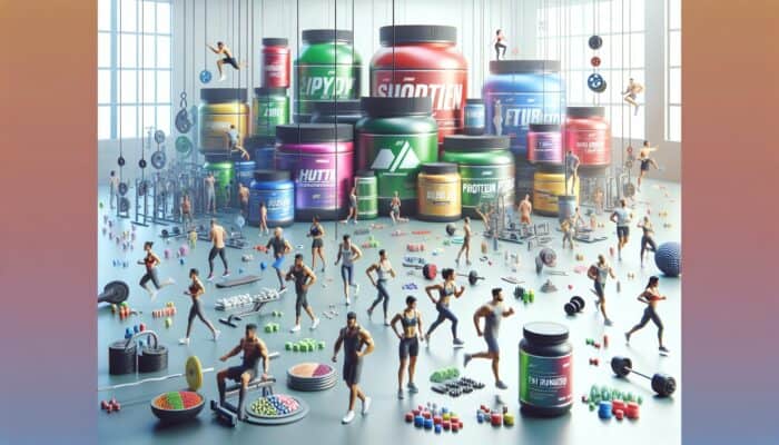 Diverse group of individuals with various fitness goals in a dynamic gym environment, surrounded by supplements.