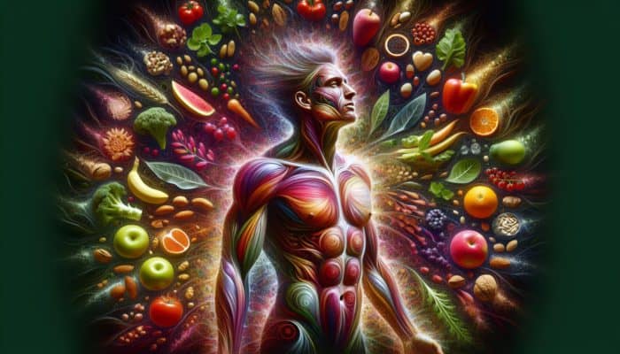 A vibrant person with glowing skin surrounded by healthy foods, symbolizing the benefits of Whole30.