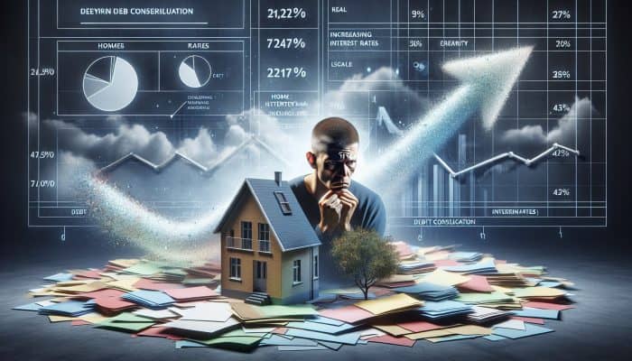 UK homeowner anxiously observes dwindling home equity amidst rising interest rates, with debt consolidation documents strewn around.