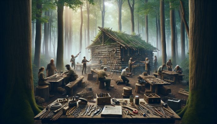 Experts demonstrating the construction and application of DIY survival traps in a rustic forest workshop.
