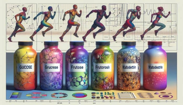 A variety of carbohydrate supplement bottles showcasing glucose, fructose, maltodextrin, and starch, with athletes in action.