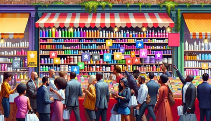 A lively UK marketplace stall featuring affordable hair products, expert recommendations, and diverse customers browsing.