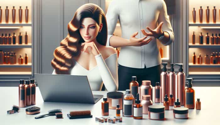 Individual with healthy hair using a laptop to explore hair care blogs and tutorials, accompanied by a stylist and products in a salon.
