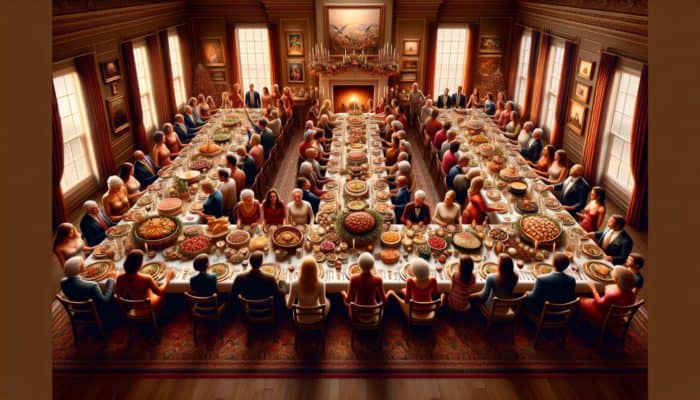 A beautifully arranged festive table with a variety of dishes, surrounded by family and friends in an elegantly decorated dining room.