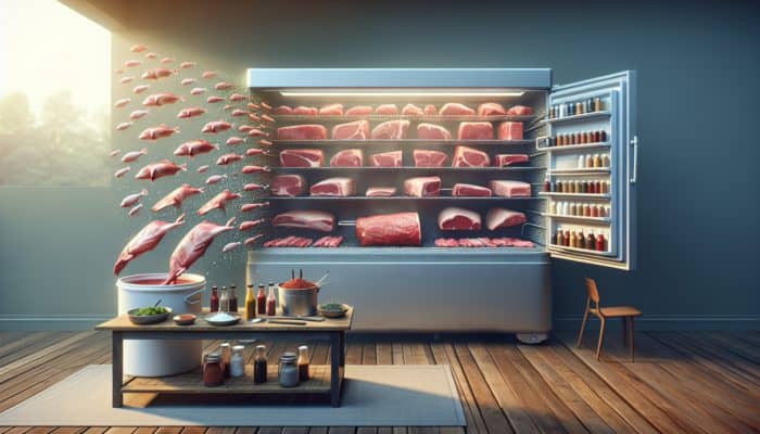 High-quality meat cuts marinating in rubs and sauces, labeled and stored in a cooler.