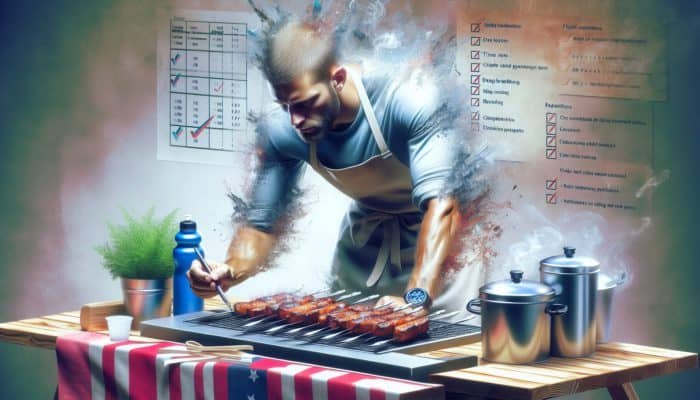 A BBQ competitor using timers and checklists, practicing deep breathing and staying hydrated.