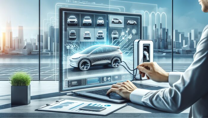 Individual finalizing EV rental on a laptop with various EV models displayed on screen, alongside a charging station and city skyline.