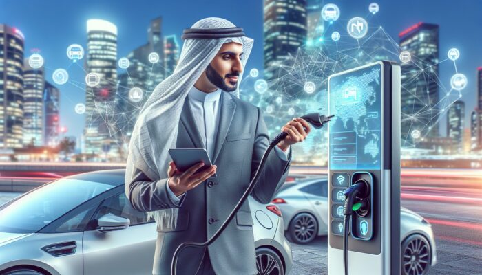 Individual using a touchscreen to find charging stations for an electric rental car in an urban environment.