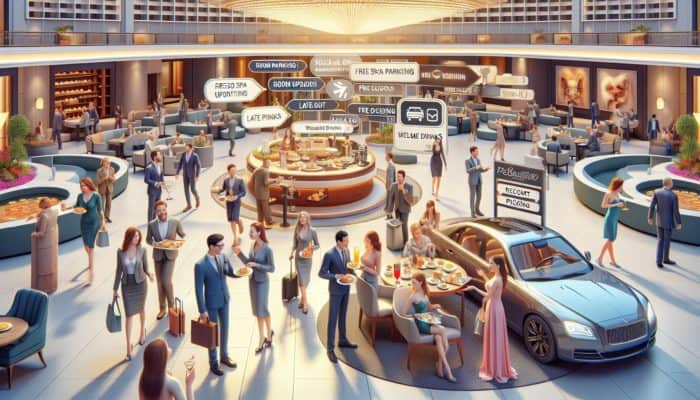 Luxurious Las Vegas hotel lobby with guests enjoying various perks like complimentary breakfast and spa discounts.