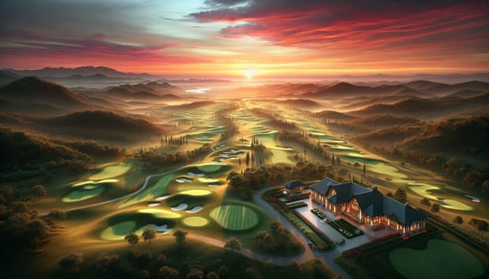 Aerial view of Cotswold Downs Country Club at sunset, showcasing golf courses, clubhouse, and rolling hills.