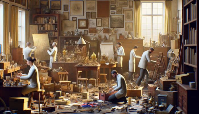 A UK home filled with antiques, experts efficiently sorting and clearing items, in a warm and nostalgic atmosphere.
