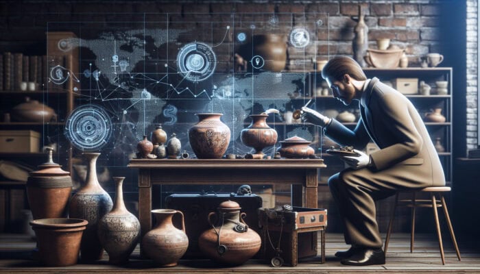 An expert examining rare antiques, assessing condition, provenance, and materials, with market trends and historical significance in the background.