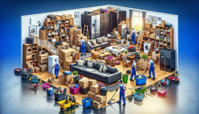 UK home clearance illustrating how property size and item quantity affect costs, featuring professionals removing large furniture and appliances.