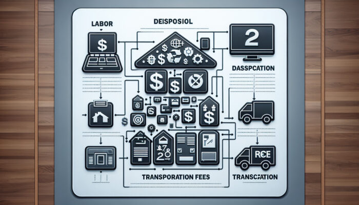 Infographic illustrating house clearance costs with segments on labor, disposal, and transportation, featuring icons and graphs.