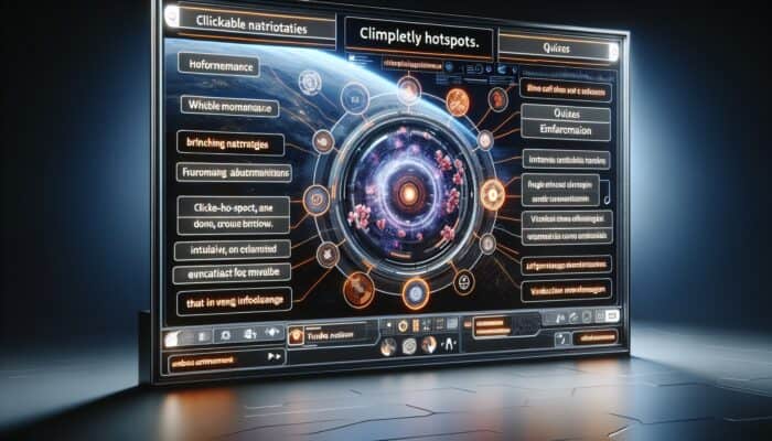 The Popularity of Interactive Videos: A futuristic screen displaying an interactive video featuring clickable hotspots, branching narratives, and quizzes for enhanced viewer engagement.