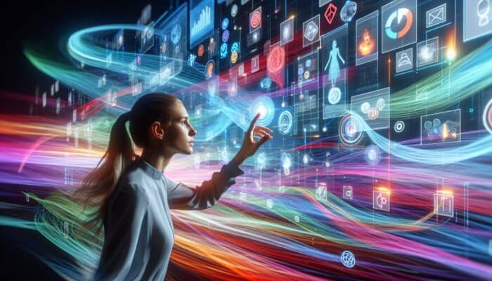 Individual engaging with an interactive video on a futuristic screen, surrounded by vibrant data streams and icons.
