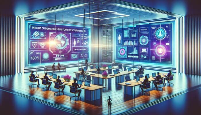 A futuristic business environment featuring interactive video screens guiding customers, enhancing engagement and boosting conversion rates.