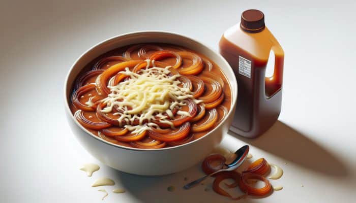 A steaming bowl of French onion soup topped with caramelized onions and melted cheese.